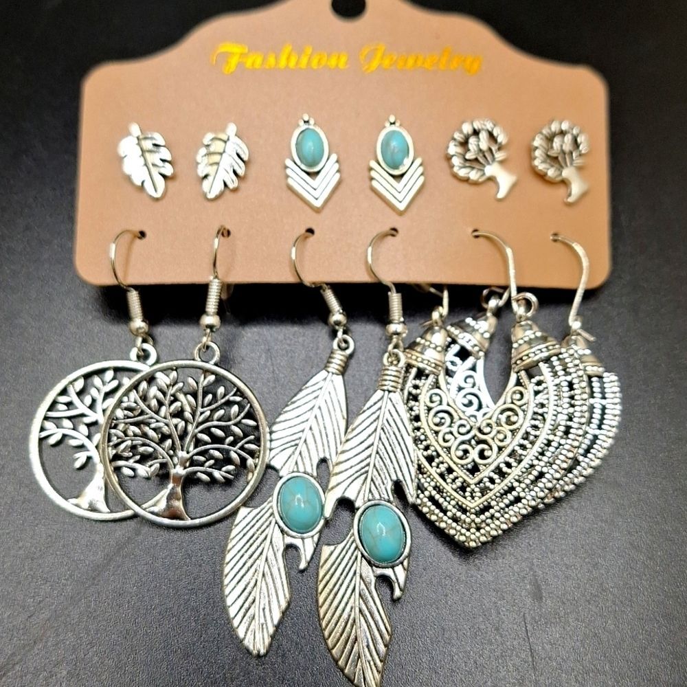 Silver boho earrings feather turquoise tree of life jewelry leaf bundle